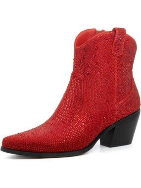 Missmiller Women Red Rhinestone Mid Calf Cowgirl Block Heel Pointed Toe Boots